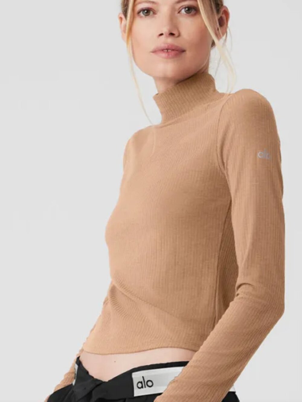 ALO Yoga Ribbed Seacoast Mock Neck Modal Long Sleeve Top in Tan XS/S - Picture 7 of 12